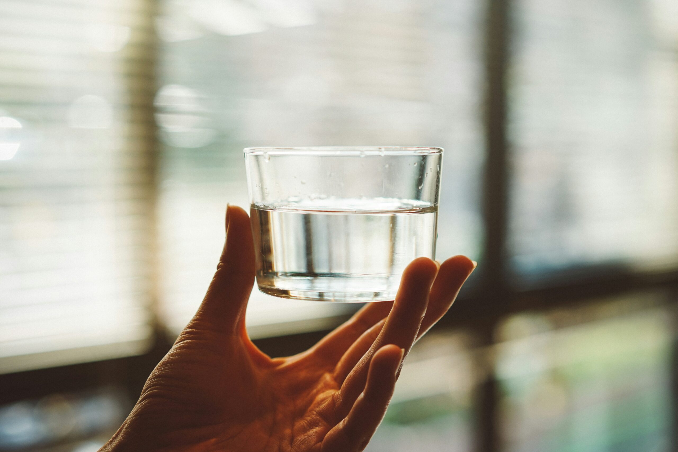 Person holding a glass of clear, filtered drinking water
